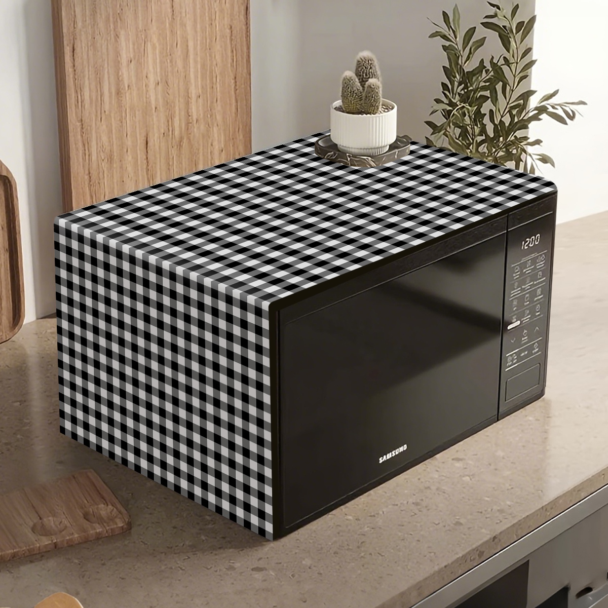 Kitchen Appliances Japan - غطاء واقي للميكروويف بنقشة مربعات سوداء